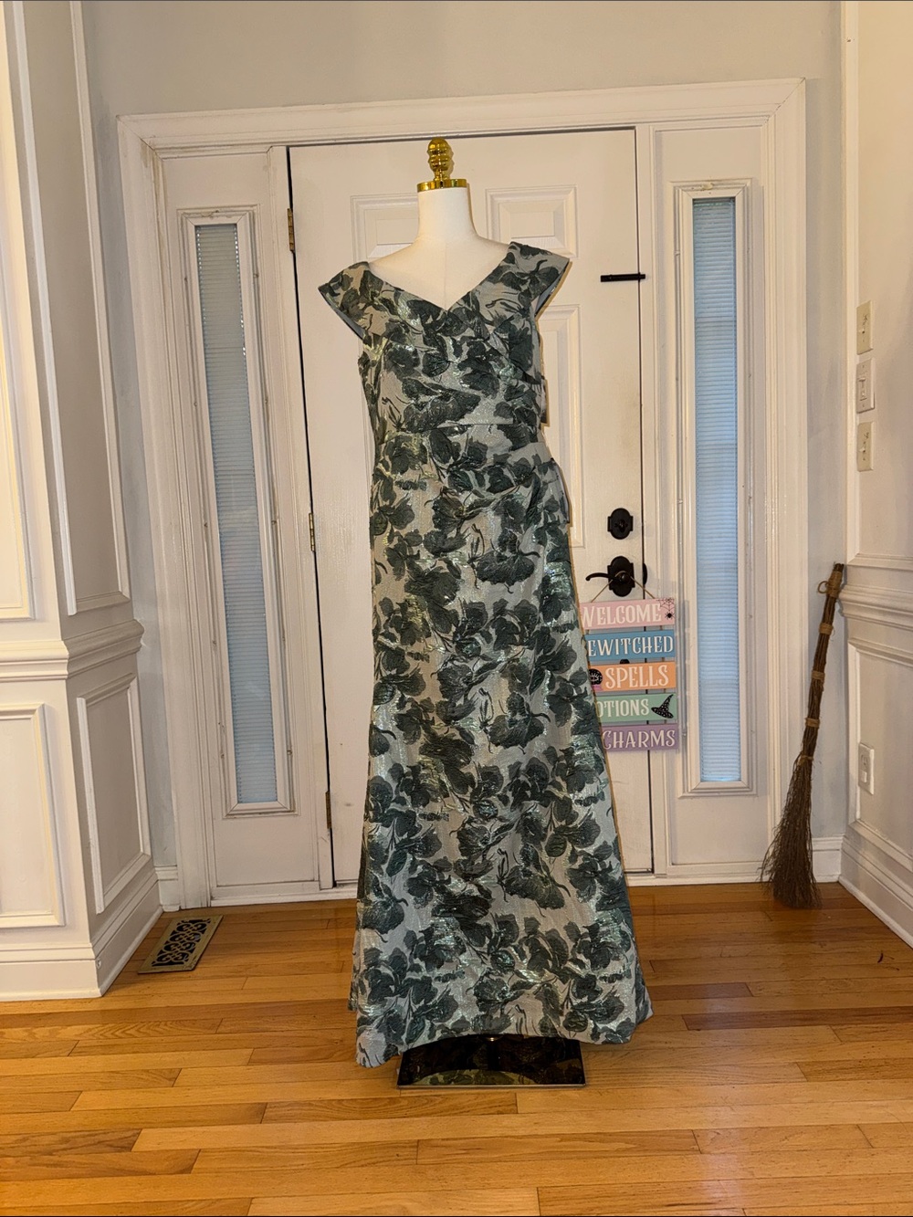 Alex Evenings Green Floral Off-Shoulder V-Neck Maxi Dress